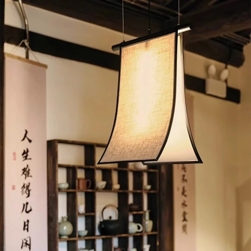 Beige Linen Fabric Lampshade Pendant Lights Retro Rectangular Dining Room Banquet Exhibition Hall LED Lighting Fixtures Teahouse