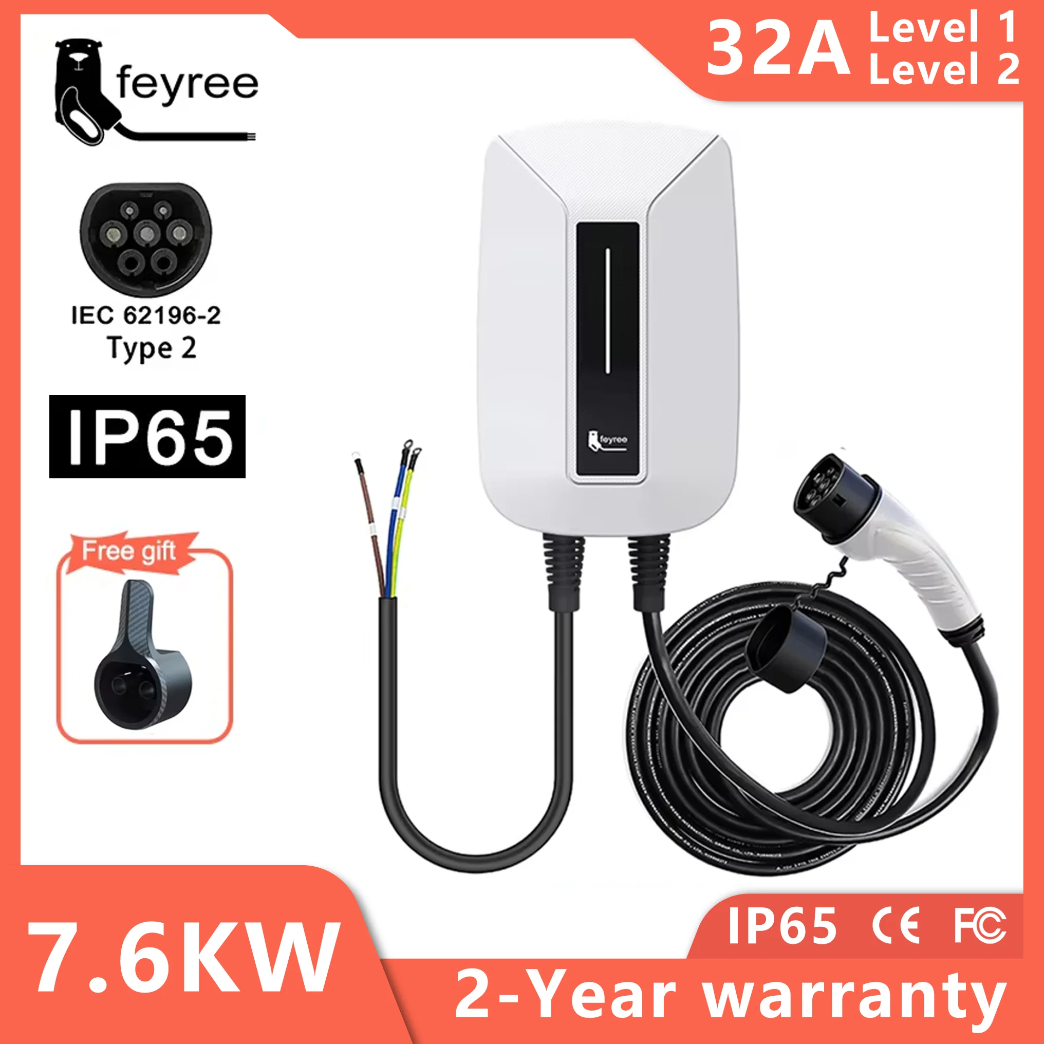 Feyree-EVSE Wallbox estação de carregamento para carro elétrico, tipo 2 Plug, Wallmount, tipo 2, soquete, 1 Phase, 5m cabo, 32A, 7KW, IEC62196-2