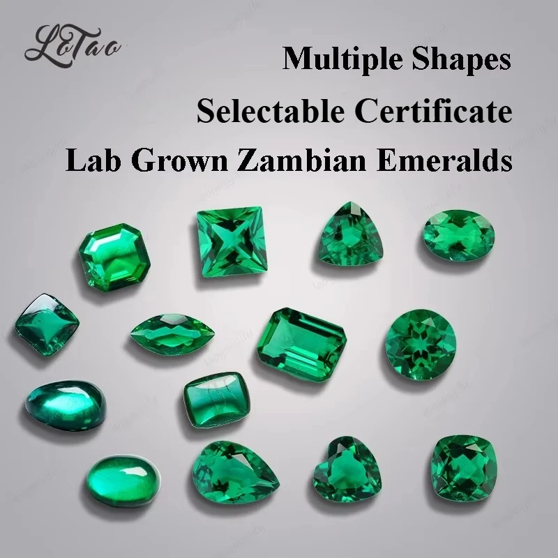 Lab Grown Zambian Emeralds Hydrothermal Hand Cutting Multiple Shapes Selectable Certificate with Cracks Inclusions Inside