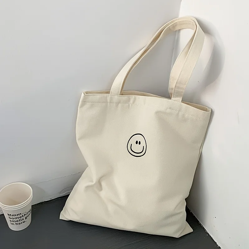 

2026 Summer Neutral Tone Canvas Tote Bag, Cute Minimal Black Line Smiley Face Print Eco Friendly Lightweight Shopping Bag