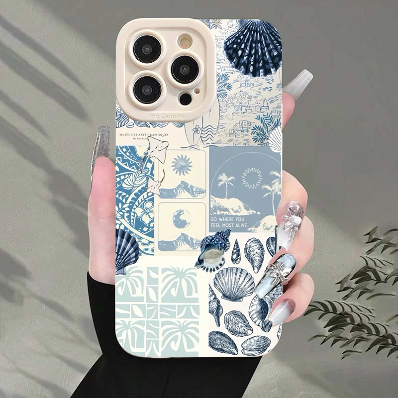 Casing Ponsel Motif Kerang Laut, Rumput Laut, dan Pesisir untuk iPhone 17 16 15 14 13 12 11 Pro Max Mini XS XR 7 8 Plus 16e