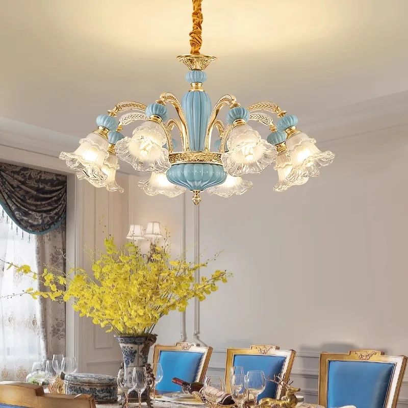 

New Design Blue Ceramic Chandelier Glass Shade Facing Down Dining Room Bedroom Living Room Multi Light Arm European Chandelier