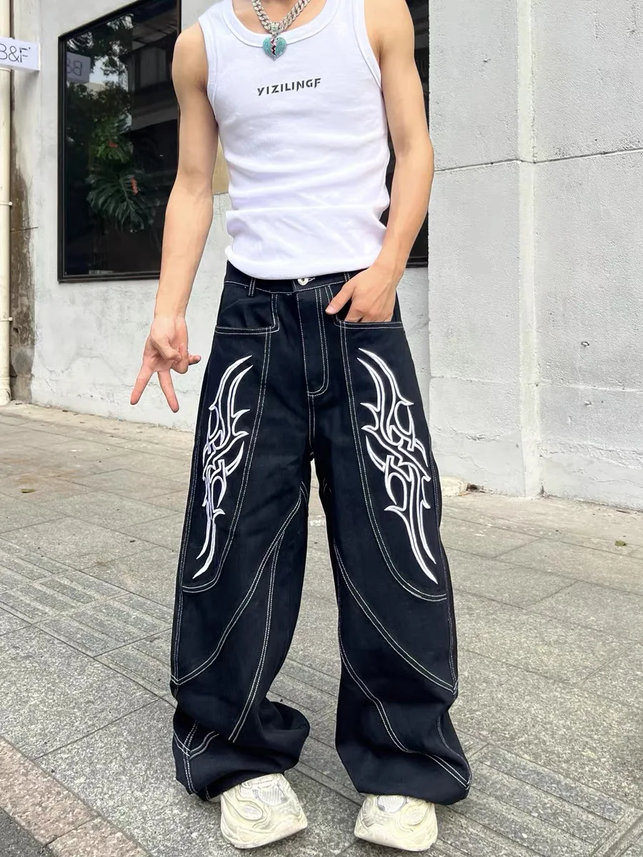 American Sle rétro déconstruit haute rue ligne brodée jean ample jambe droite jambe large pantalon Long pour le printemps