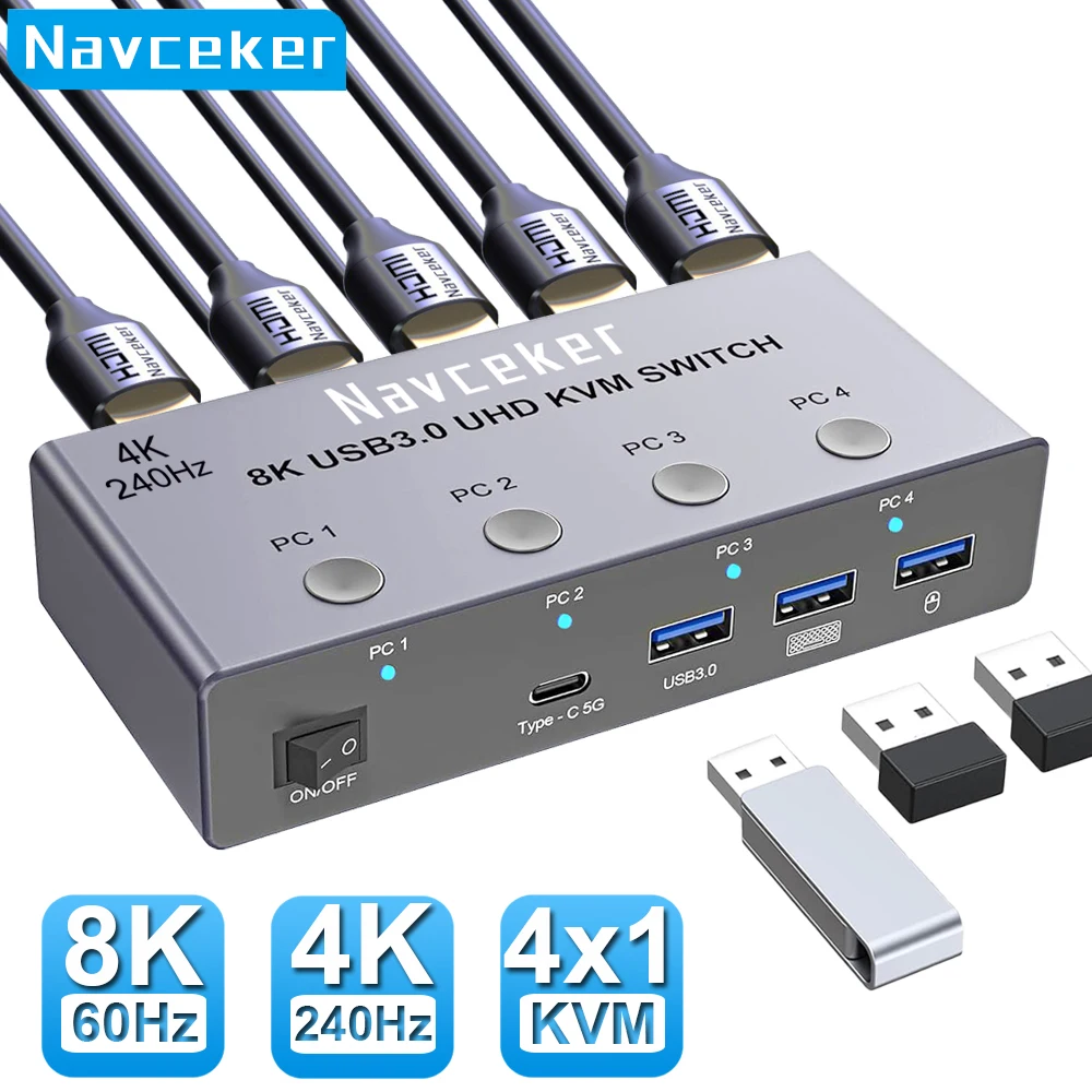 Navceker 4K 240Hz KVM 스위치 HDMI 4x1 8K 4 PC 스위처 4포트 USB 3.0 셀렉터 4인 1아웃 모니터 마우스 키보드 공유용