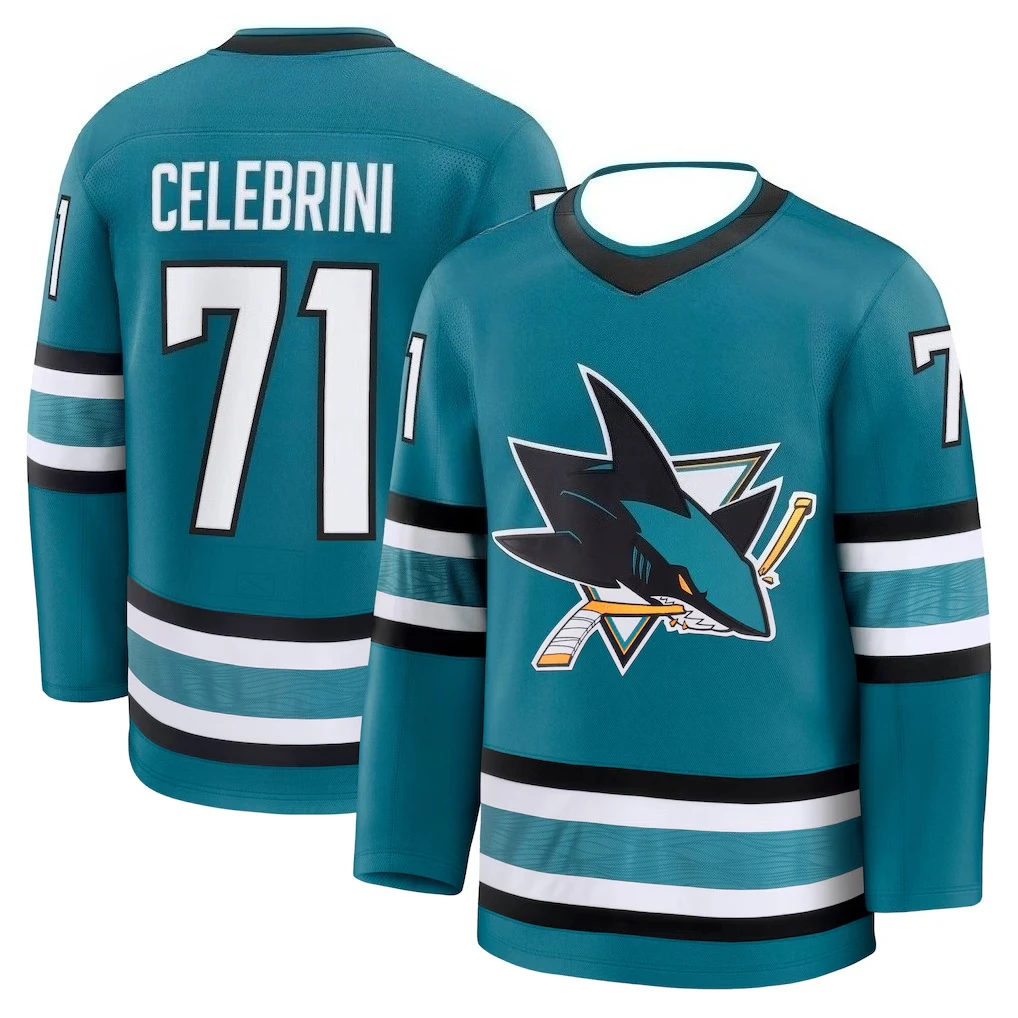 Hockey Jersey - Teal/Black/White Accents "Celebrini 71" Shark Logo Breathable Sports Jersey 3d HD Prints