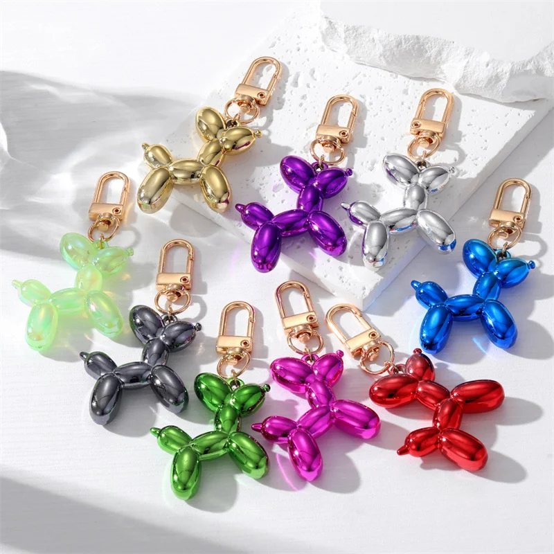 Fashion Multicolor Resin Balloon Dog Animal Laser Keychains Gold Color Metal Keyring Couple Key Ring Bag Jewelry Gifts 4*8cm