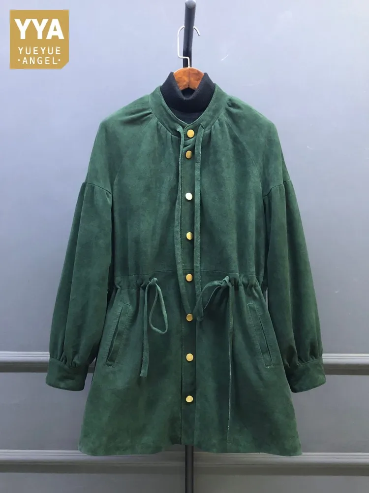 الخريف الشتاء المرأة طويلة سترة جلدية جلد الغزال الحقيقي قابل للتعديل الخصر واحدة الصدر لينة معطف جلد طبيعي خمر خندق جديد