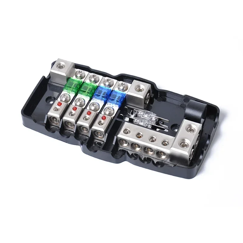 Blocco fusibili multifunzione con luce LED (distribuzione batteria 2 ingressi 4 uscite, fusibile a 4 vie 30 A / 60 A + 2 fusibili di ricambio 80 A)