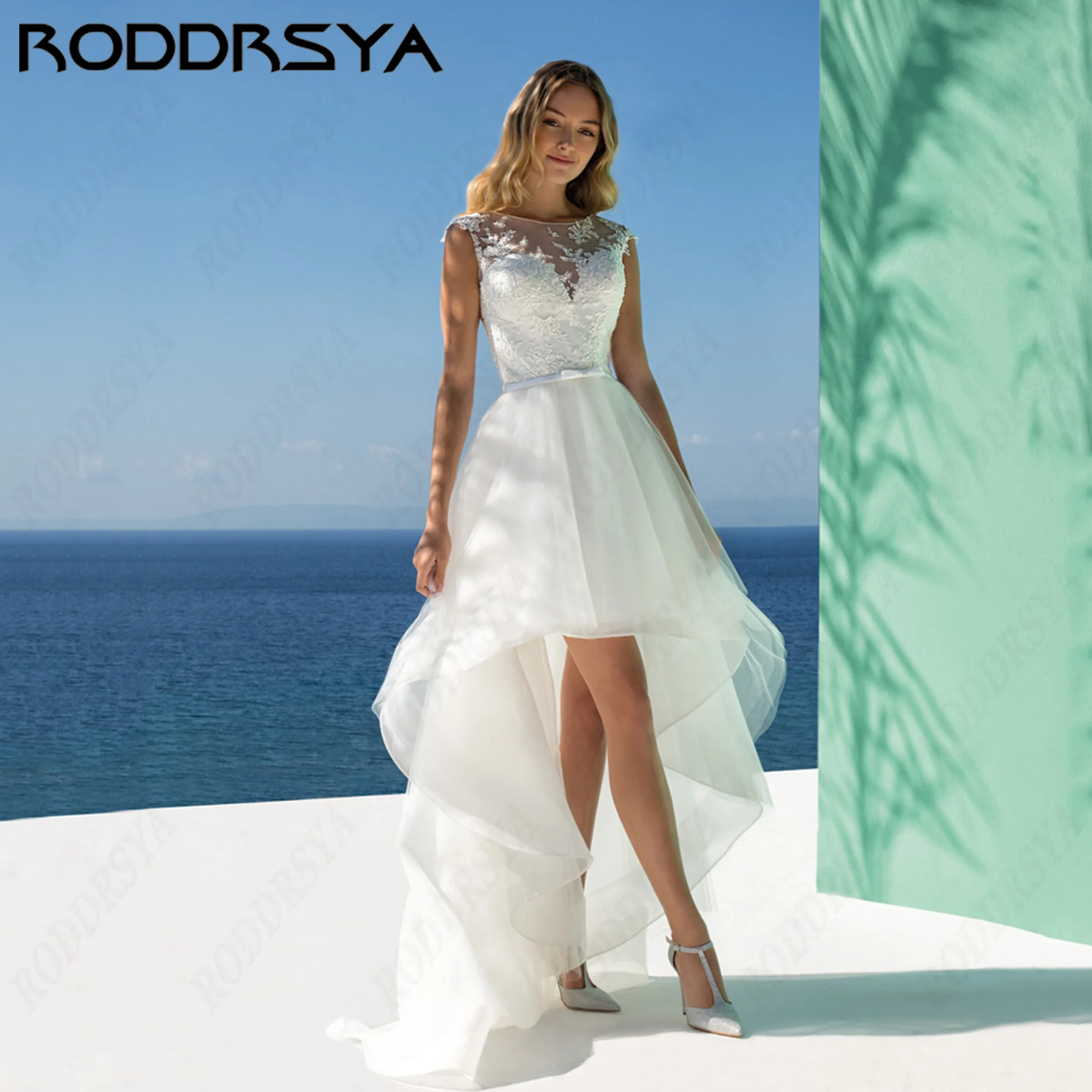 RODDRSYA High Low Wedding Dress Customized Tulle Scoop Neck Bride Dresses Modest Lace Appliques Bridal Gown Sleeveless Backless