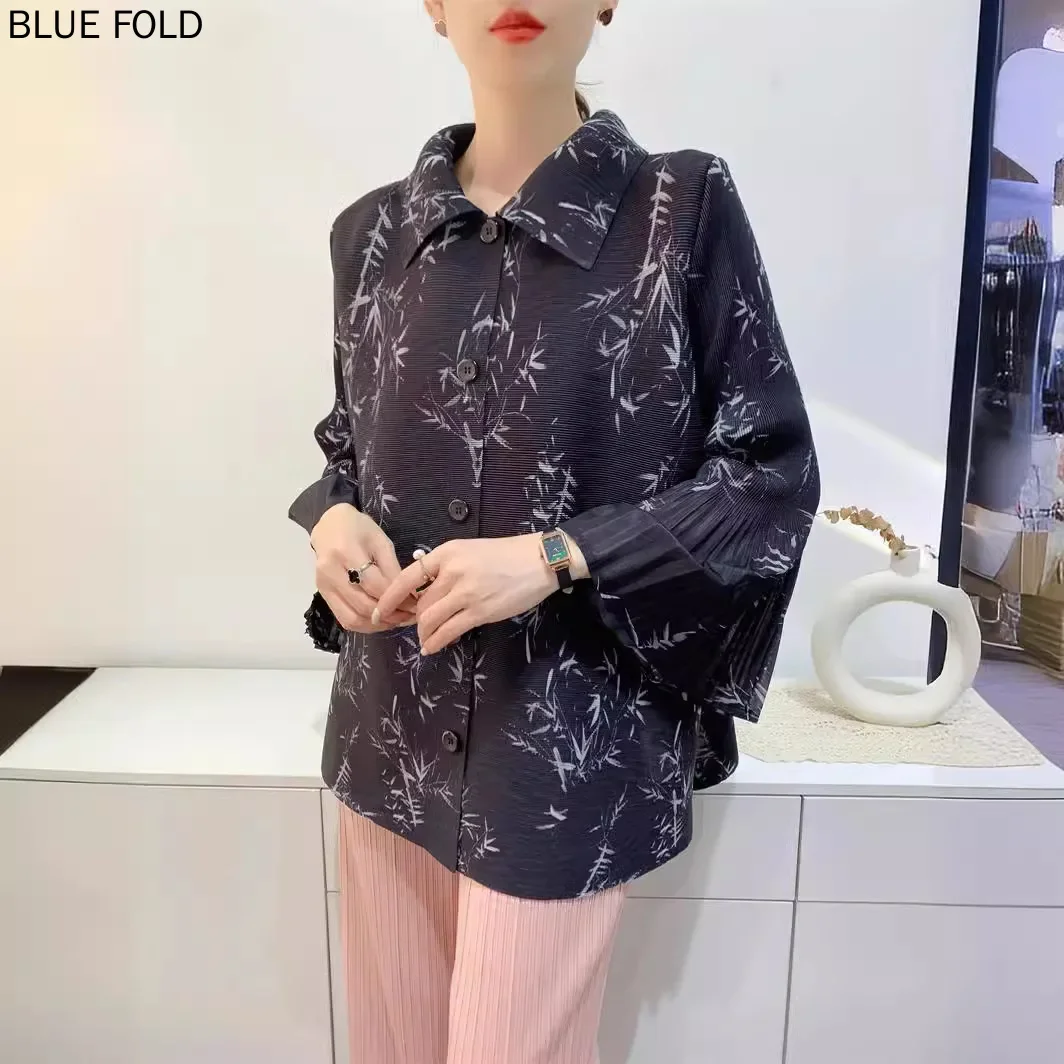 Spring Summer and Autumn Pleated Printed Tops Women Comfortable Pop-up Toothpick Pleats Nine-quarter Sleeve Large Size Shirt