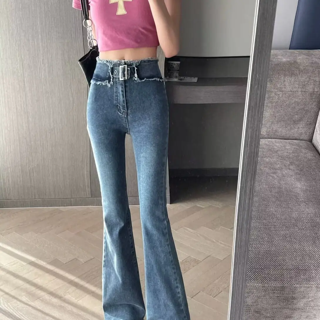 

American Retro Blue Micro Flared Denim Jeans Women High Waist Famous Ins Trendy Slimming Frayed Floor-Length Pants