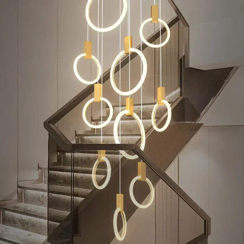 

Modern LED Chandelier Ceiling Living Room Acrylic Ring Stairs Deco Hanging Lights Dining LED Pendant Lamps