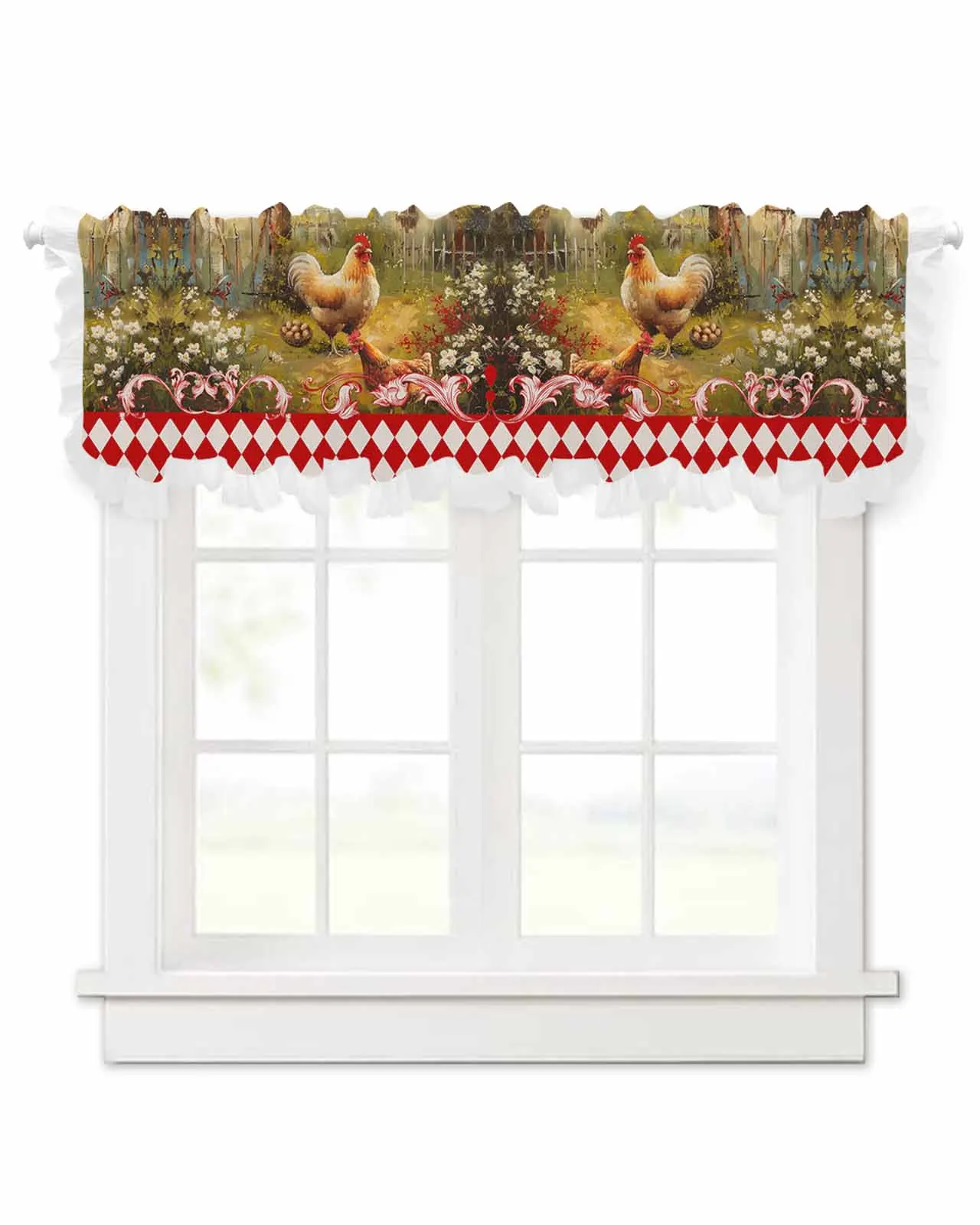 Retro Country Farm Hen Short Tulle Half Curtains for Living Room Kitchen Door Cafe Window Sheer Valance Drapes