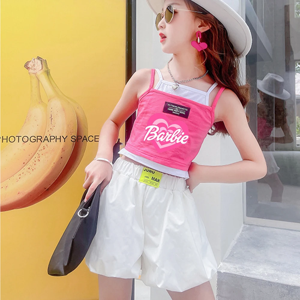 Anime Barbie 2Pcs Kids Fashion Set Girls Kawaii Summer Teenage Fake Two Pieces Vest+Shorts Children's New Arrivals Dopamine Set