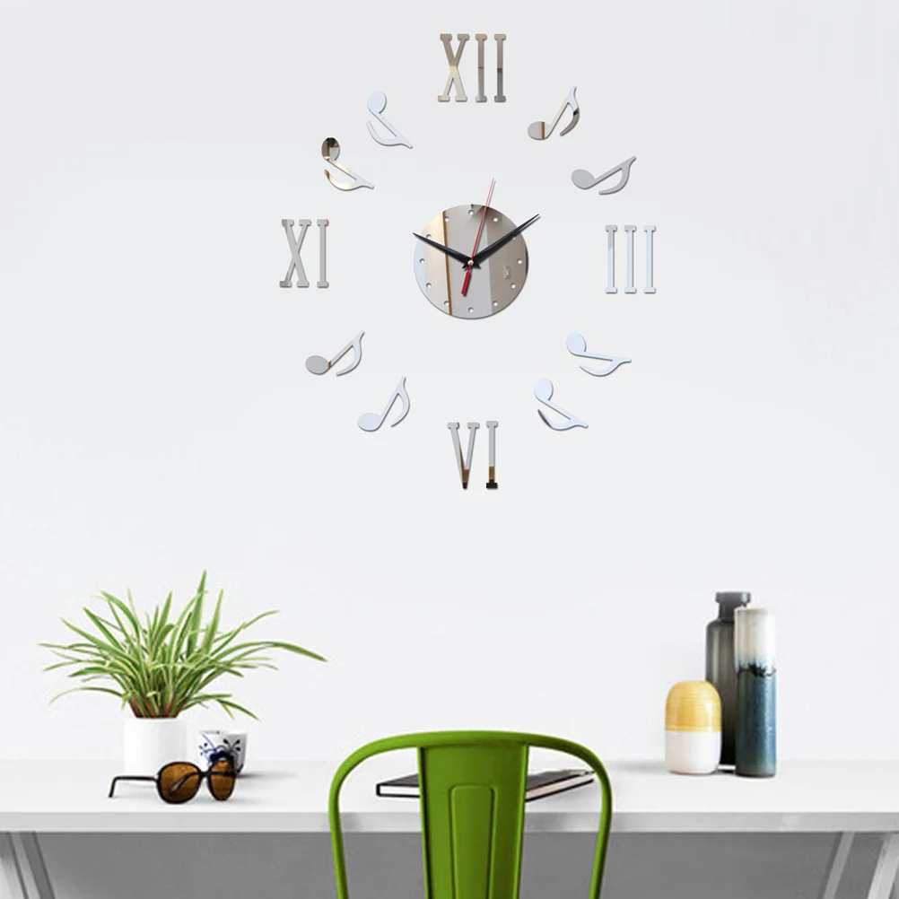

Modern Music Note Wall Clock Acrylic Hanging Clock for Kitchen Home Decor Roman Numerals Design Silver Silent Operation