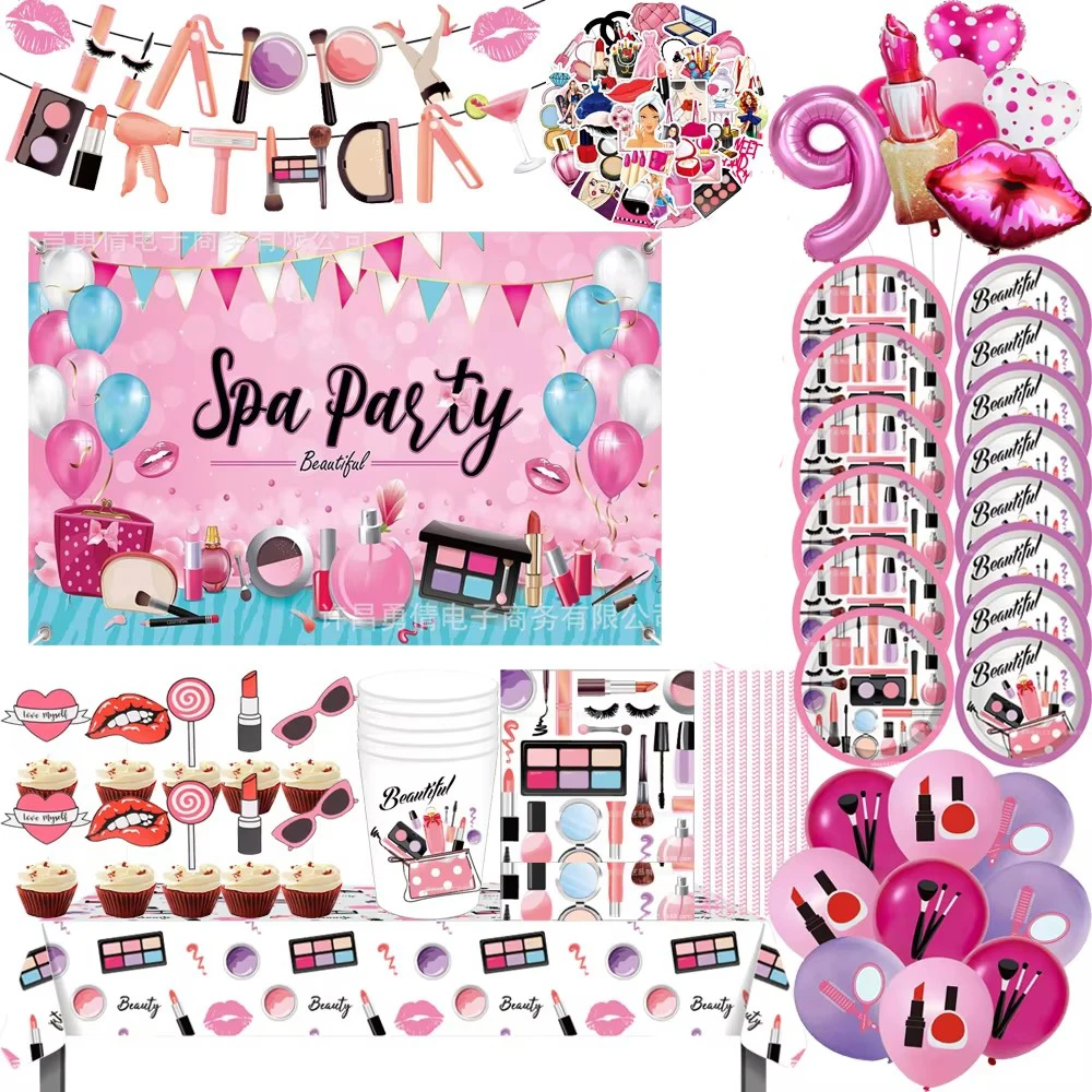 Spa Make-up Mädchen Partyzubehör Pappteller Becher Servietten Banner Tischdecke Hintergrund Ballon für Mädchen Geburtstagsfeier Dekorationen