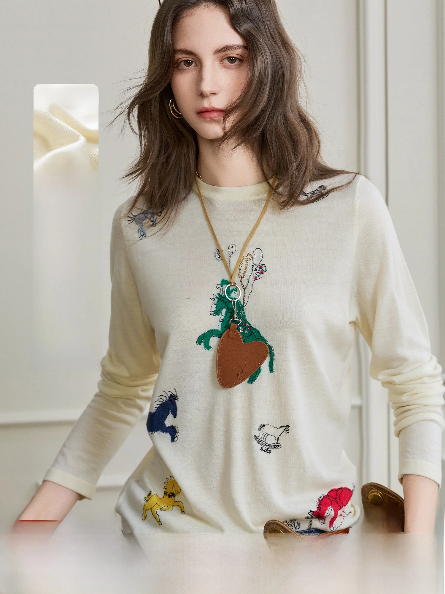 

Biella Beautiful Merino Yangzhou Silk round Ne Knitted Sweater Women's Embroidered Top Casual Sle Loose Fit Long Sve