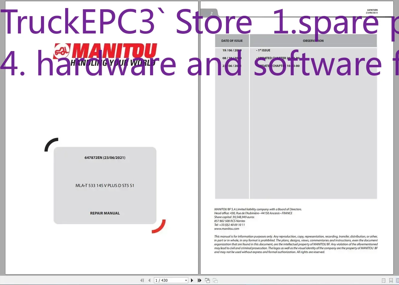 

TruckEPC3 [DVD5] Рабочие платформы Manitou Телескопический погрузчик PDF 7,8 ГБ Обновлено 06.2021 По руководство по ремонту, схема схемы