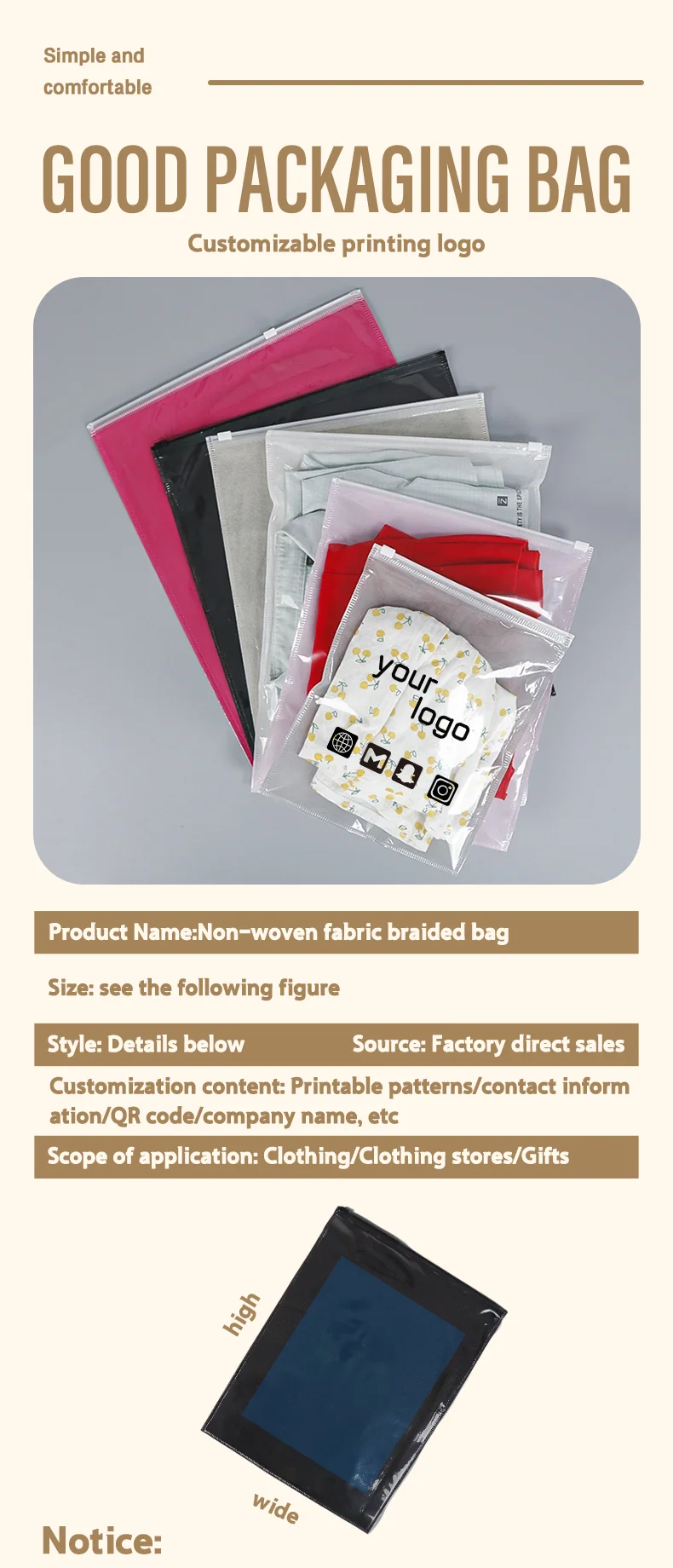 50 Stück Transparente Vliesstoff-Kleidungsbeutel mit Reißverschluss, Wasserdicht und Staubdicht, Verpackungsbeutel mit Möglichkeit für individuelles Logo – Detail 1