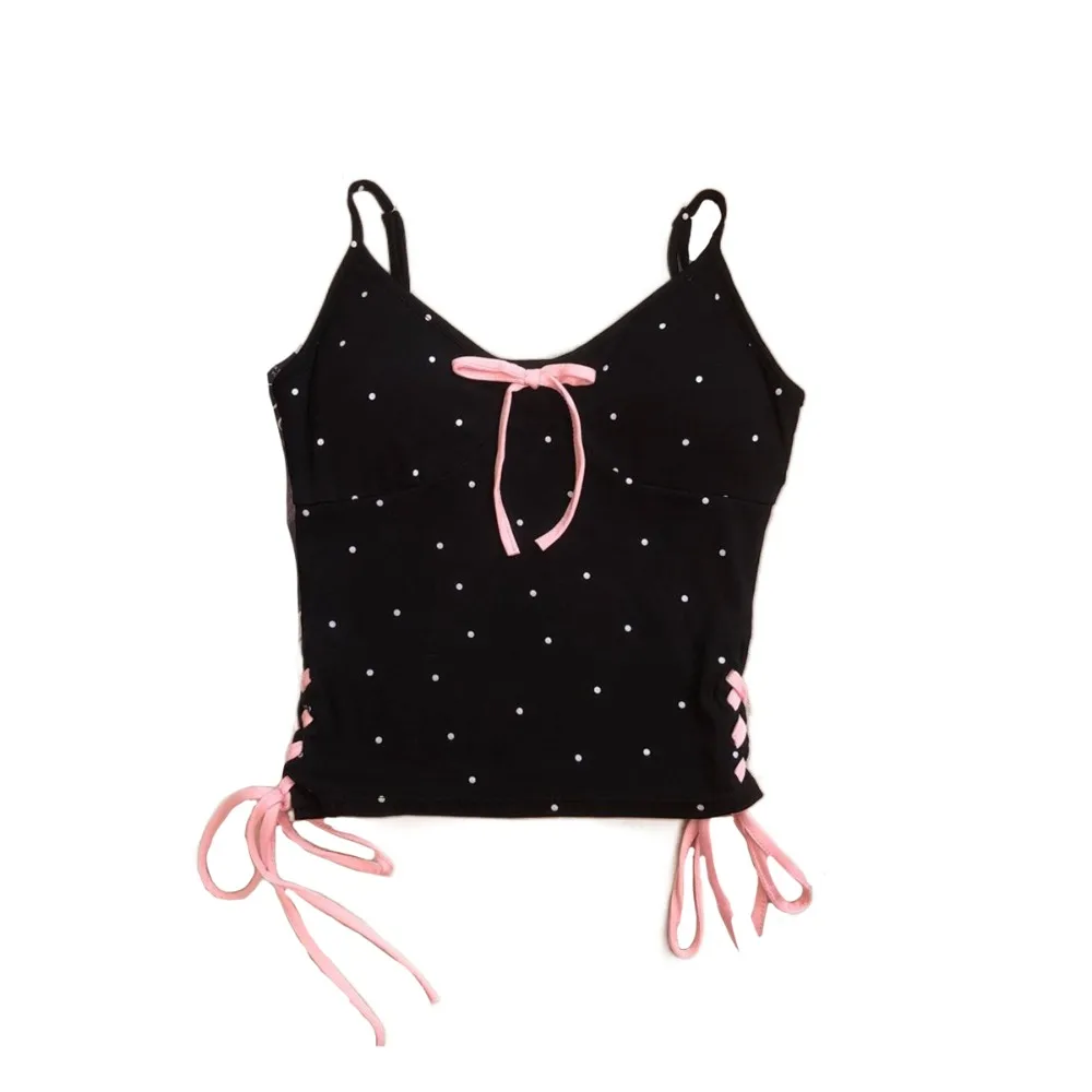 

Korean Dots Strap Vest Tops Tank Sleeveless Camisole with Pads Drawstring Lace-up Y2K Slim Crop Top Streetwear