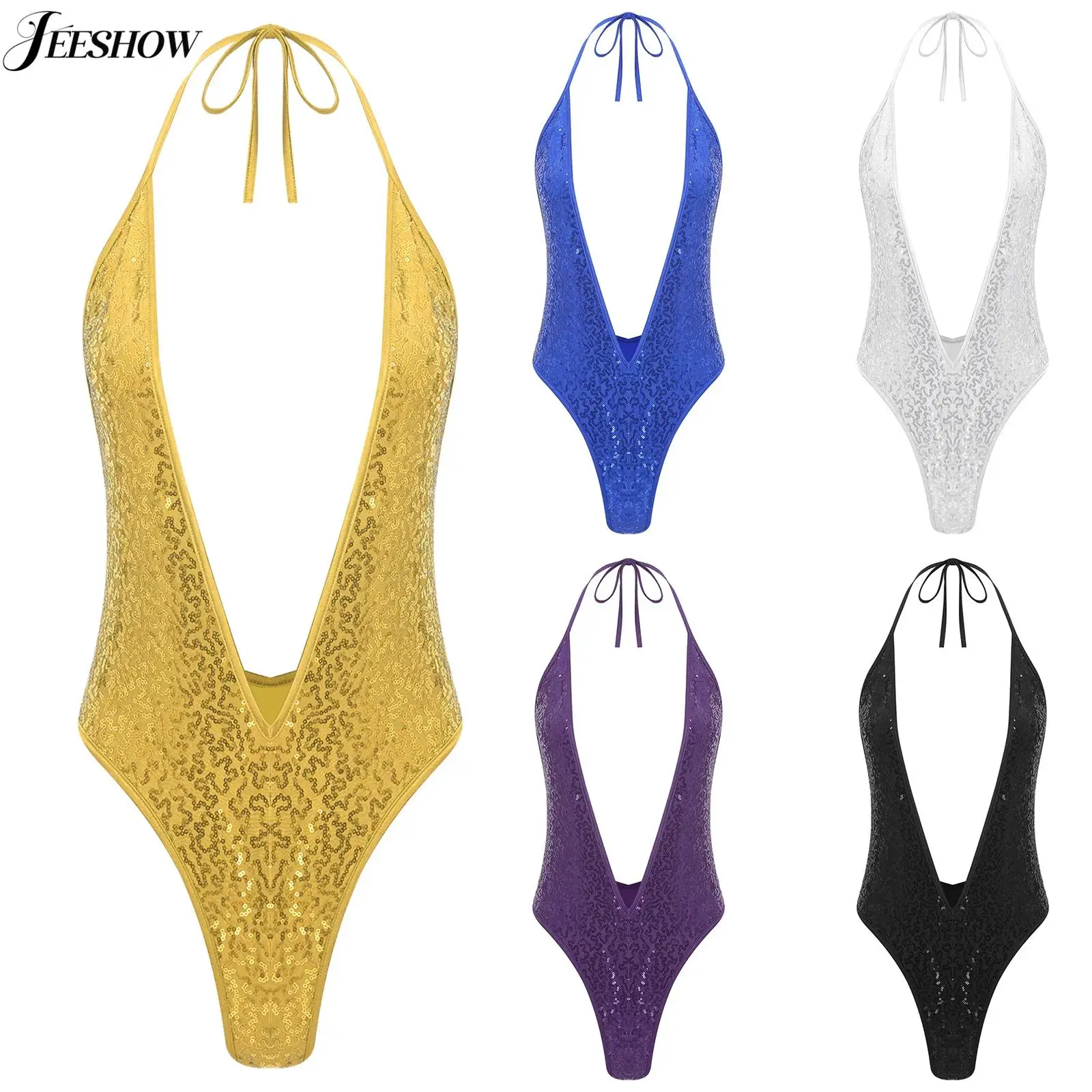 

Womes Shiny Sequins Monokini Swimwear Halter Deep V Neck Backless Bodysuit Sheer Mesh Patchwork One Piece Bathing Suit Beachwear