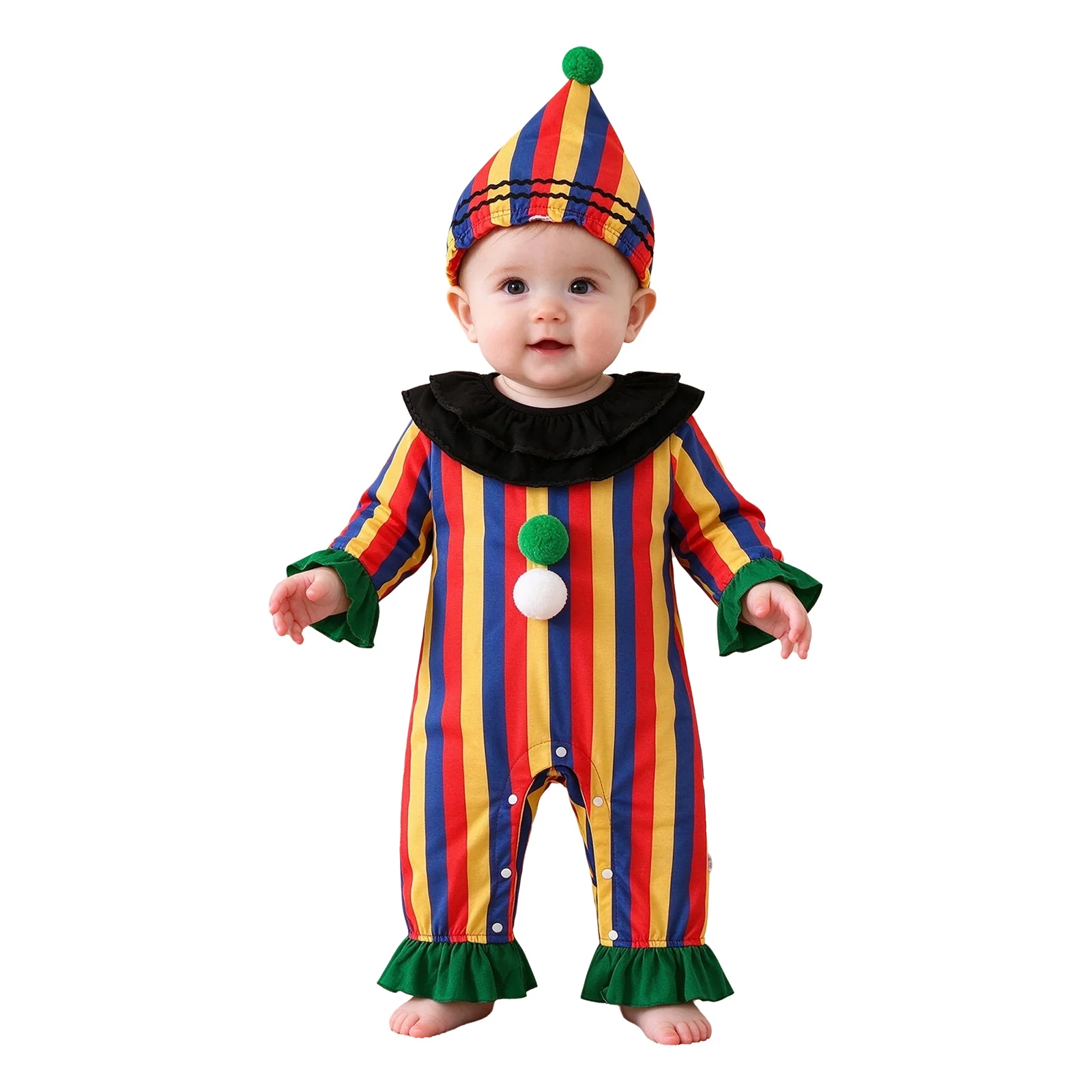 Toddler Baby Clown Costume Halloween Cosplay Party Fancy Dress Up Long Flared Sleeves Striped Bell-bottom Romper with Pompom Hat