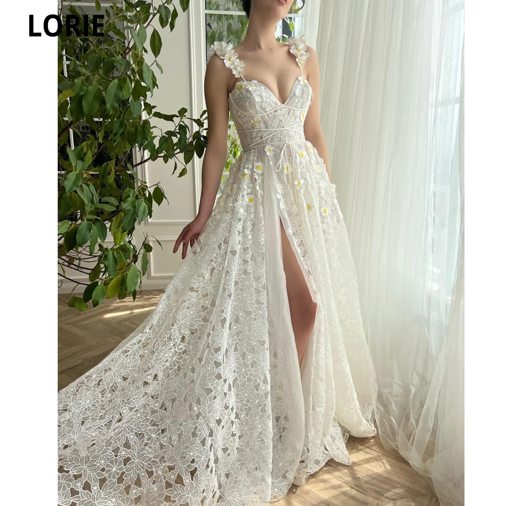 LORIE-Vestidos De Noite De Renda Querida, Vestido Formal, Linha A, Fenda De Perna, Vestidos De Noite Longos, Vestidos De Baile, Flores 3D