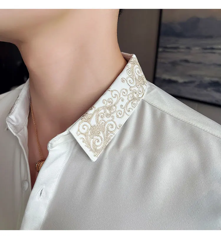 2025 Spring New Mens Luxury Long Sleeve Shirts Y2K Embroidered Korean Style Slim Fit Solid Color Men Hawaiian White Dress Shirts
