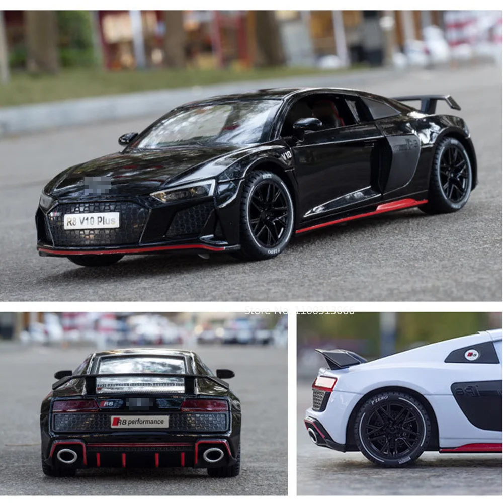 1:24 스케일 R8 V10 PLUS 자동차 모형 고무 타이어 스포츠카 다이캐스트 모델 휠 후진 자동차 수집용 장난감 어린이 선물