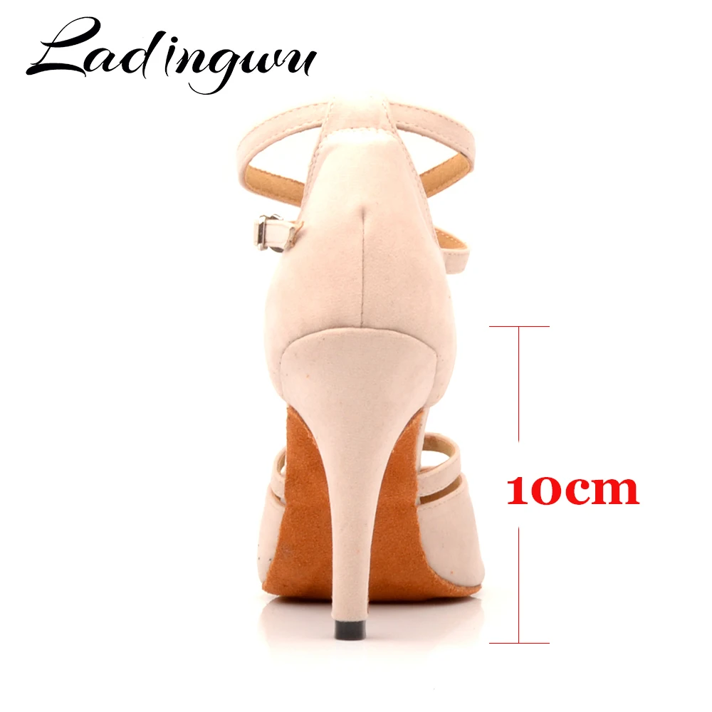 Ladingwu Hot Women Dance Shoes Latin Ballroom Dance Shoes Ladys girls Salsa Dance Shoes Beige Suede Heels 6-10cm