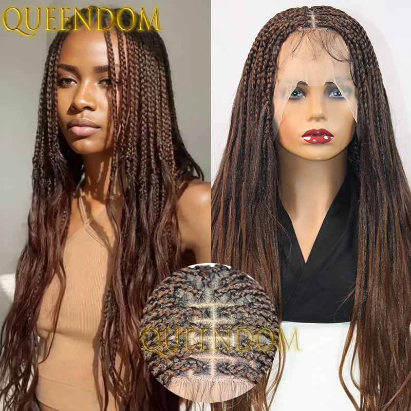 28 Inch Synthetic Box Braids Wig Full Lace Ombre Brown Bohemian Braided Wigs With Curly Ends Knotless Crochet Cornrow Braid Wig