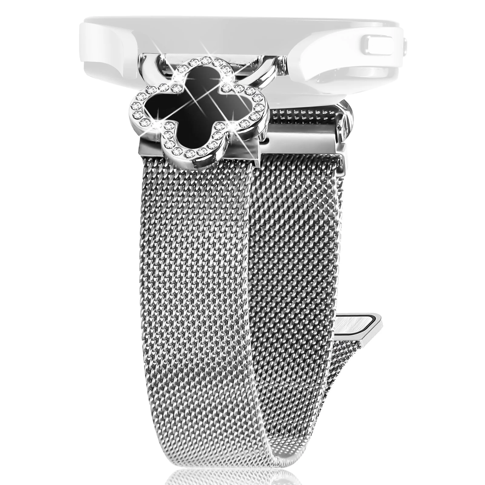 

For Huami Amazfit GTS 3 Milanese Band Electroplated Metal Watch Strap Clover Decor, Size: S - Silver / Black