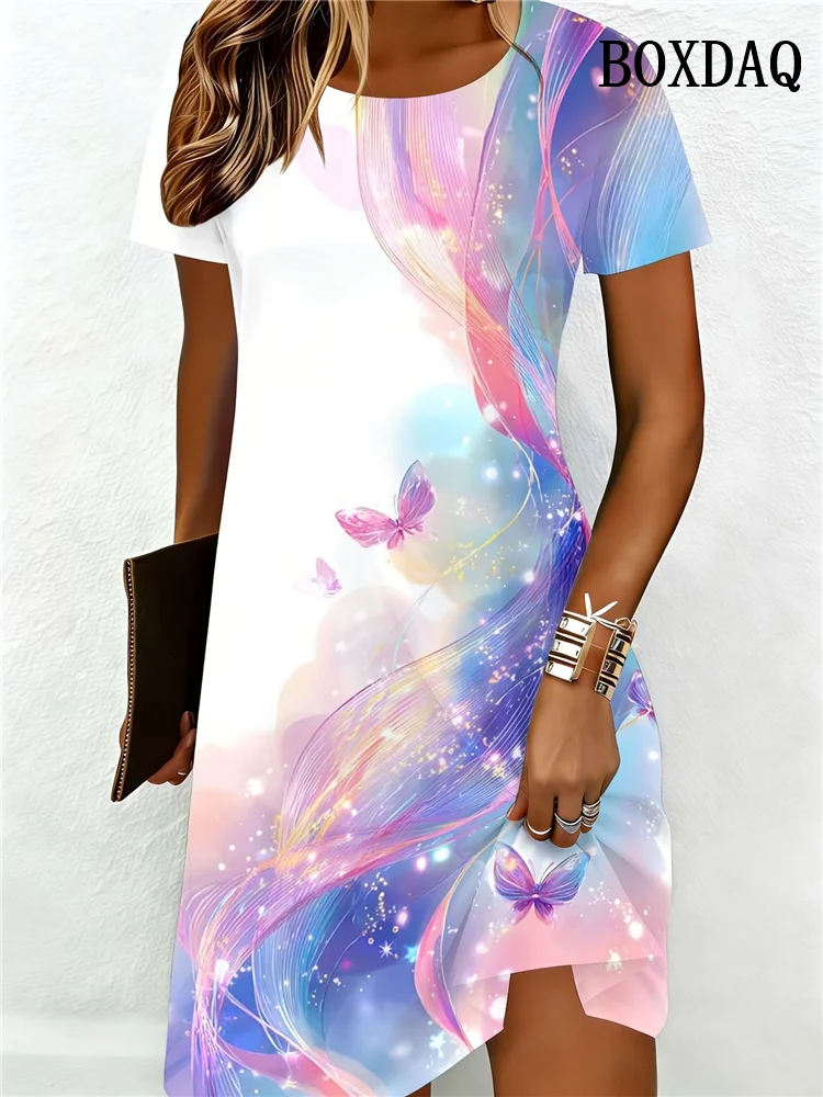 2026 New Summer Butterfly Print Women‘s Dress Elegant Fashion Tie Dye Abstract Short Sleeve O-Neck Casual A-Line Loose Clothing