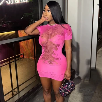 Sifreyr ยืด Sheer Mini Dress ผู้หญิงพื้นฐานสีทึบ O คอแขนสั้น Slim Bodycon Party ชุดเซ็กซี่แฟชั่น