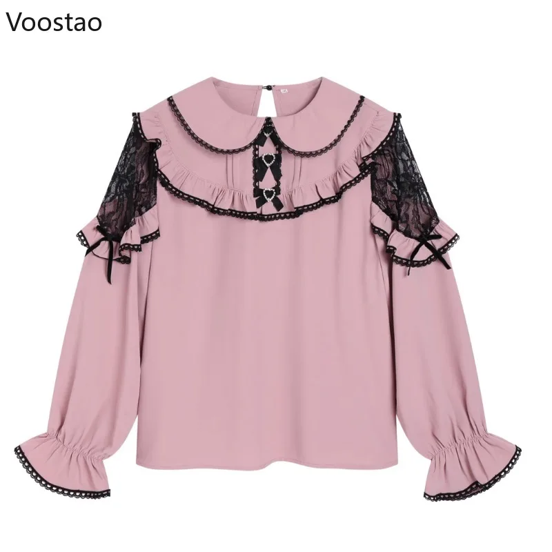 Kawaii Lolita Style Skirt Set Y2k Japanese Women Sweet Lace Ruffles Long Sleeve Blouses Short Suspender Skirt Suit Korean Sets