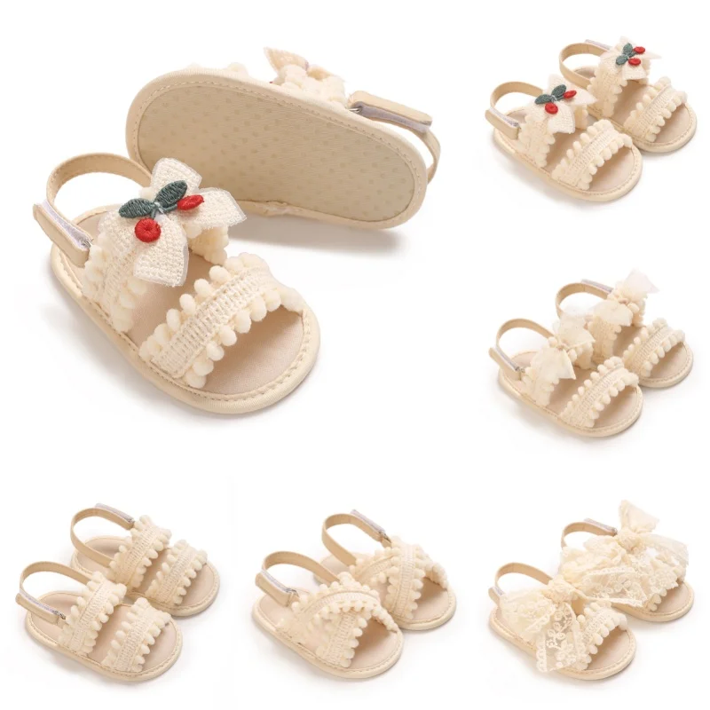 

0-18M Summer Baby Apricot Sandals Lace Bow and Pom Pom Edge Elastic Band Non slip Soft Bottom First Walking Shoes