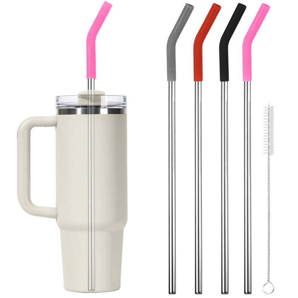 4Pcs Stainless Steel Straw with Silicone Tips Straw Brush Reusable Straws with Silicone Tips for Stanley 40oz Tumbler