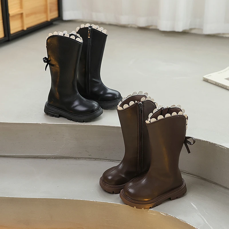 

New Spring Autumn Girls Causal Boots Sweet Back Bowknot Children Princess Fashion Long Boots Wedding Party Kids Catwalk Boots