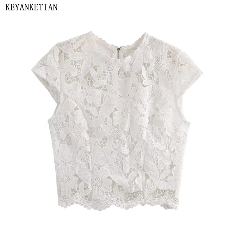 

KEYANKETIAN, новая весенняя женская ажурная рубашка с вышивкой, укороченный топ на молнии сзади во французском стиле с круглым вырезом и короткими рукавами