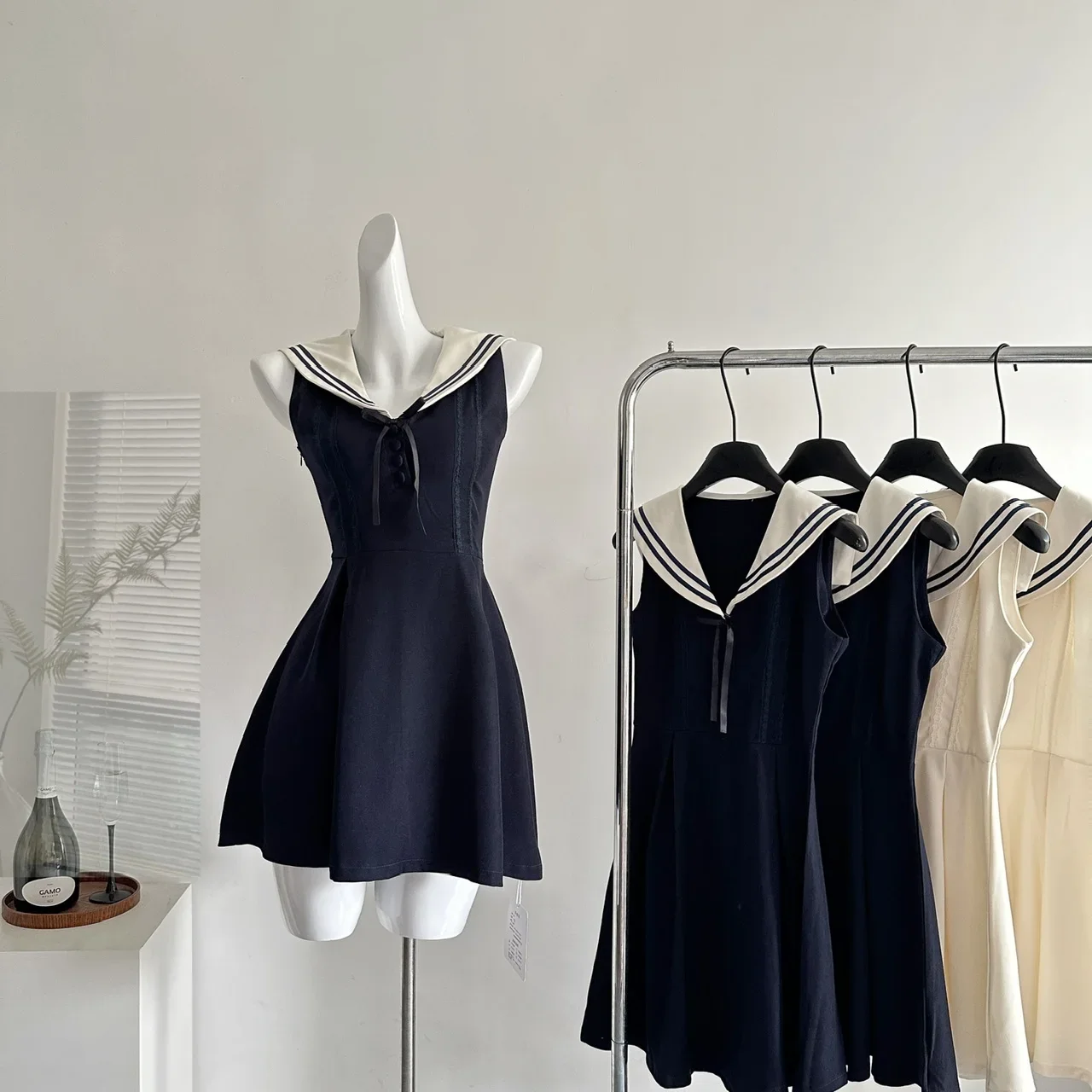

2025 Summer Women Korean Shoujo Sleeveless Mini Dress Preppy Frock Graduation Party A-line Sailor Collar One-Piece 2000s Evening