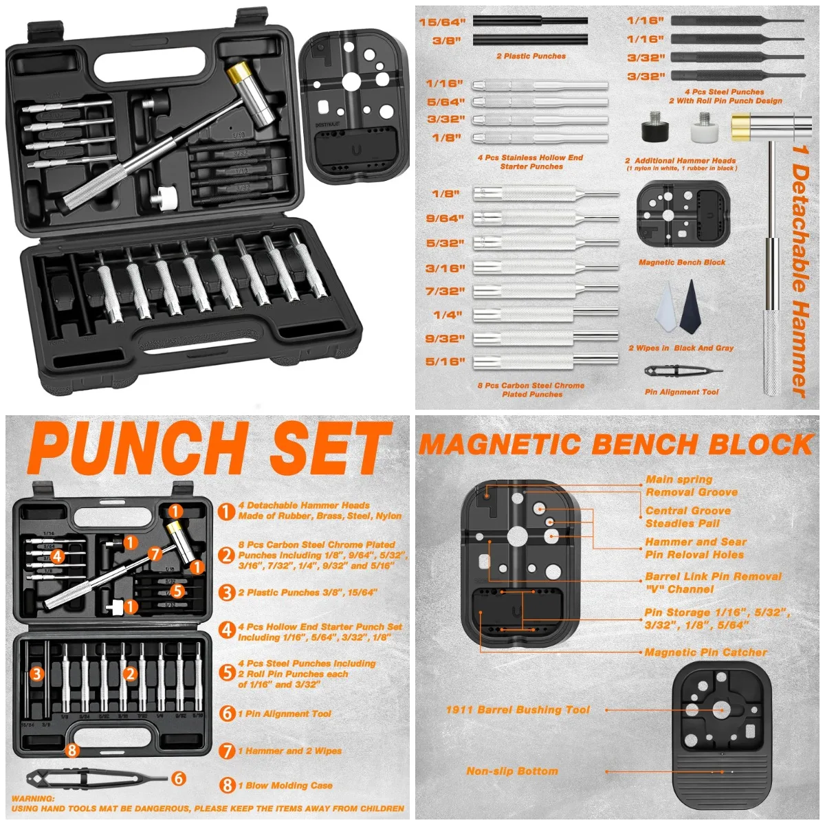 

Pin Punch Set, Roll Pin Punch Tool, High-Quality Metal, Includes Hammer & Storage Box