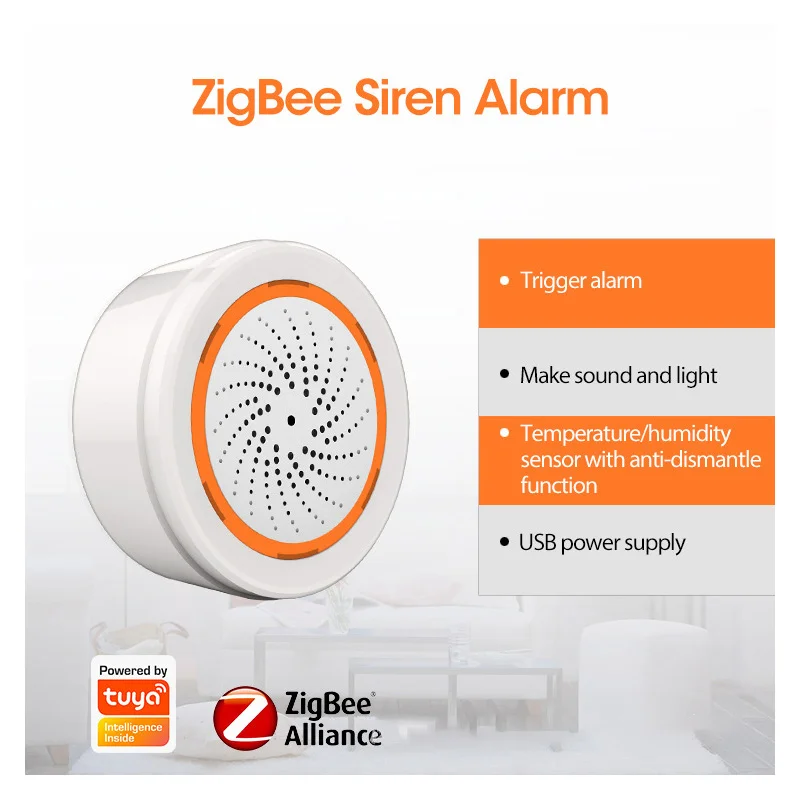 Intelligent Audible and Visual Sensor Tuya ZigBee Sirene Alarm Audio App Push Notifications Remote Control USB Battery Siren