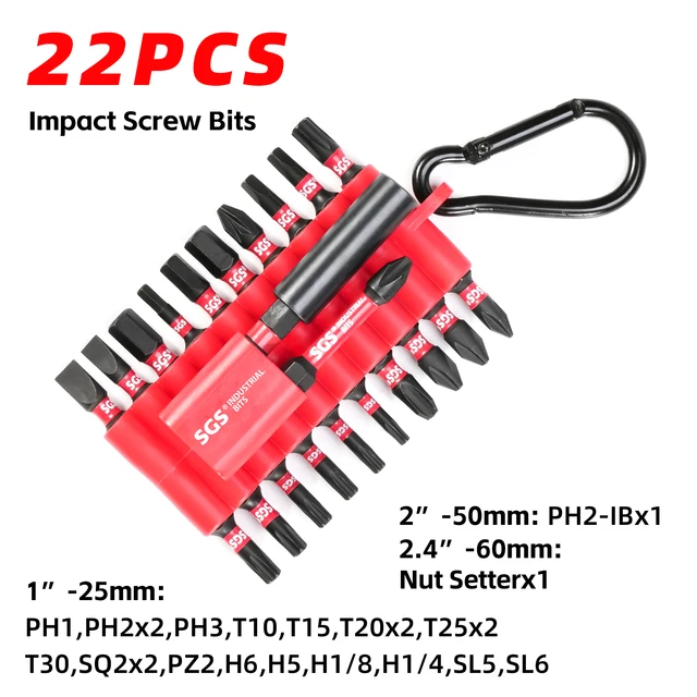 22-częściowy zestaw bitów wielofunkcyjnych ze stali S2, zawierający bity Phillips / Torx / z łbem kwadratowym / z łbem w kształcie kwiatu śliwy / z łbem płaskim, wszystkie rozmiary, z magnetycznym przedłużaczem, przemysłowe narzędzia do napraw samochodowych odporne na uderzenia.