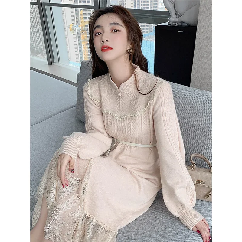 Cheongsam Dress Long Sleeves Spring Autumn Women's Clothing Knitted Sweater Dress French Retro Chinese Style Lace Lantern Sleeve