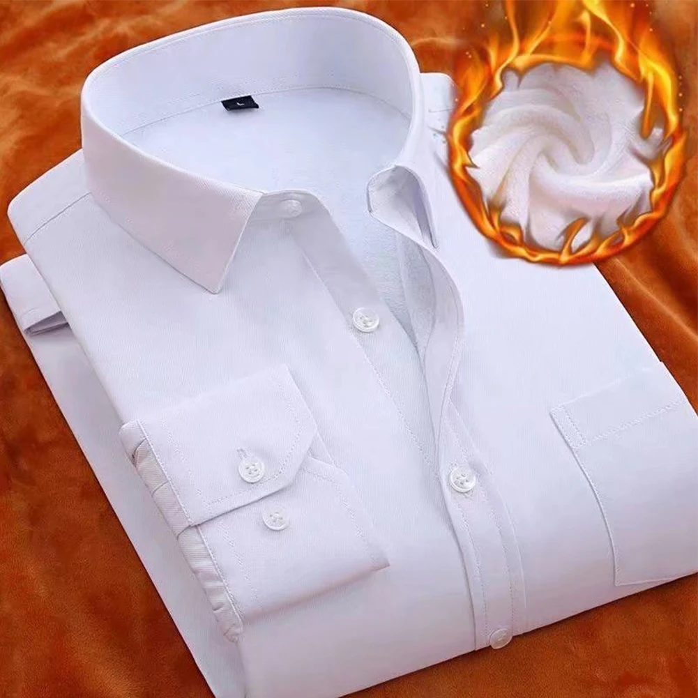 

Long Sleeve Men Shirt Casual Daily Plush Lining Polyester Solid Color Wedding Business Button Down Formal Comfy