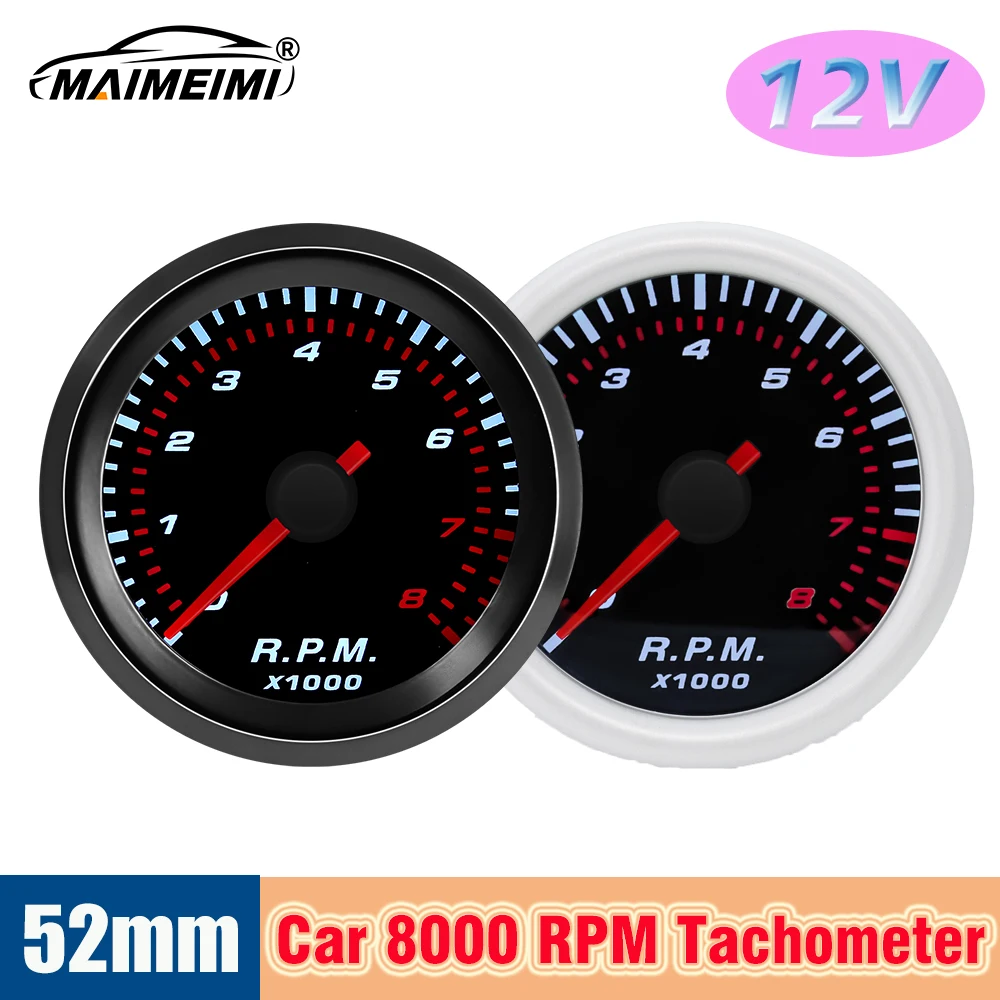

2“52mm Smoke Lens Auto Tachometer White LED 0-8000 RPM Meter Car Gauge 1-8 Cylinders Racing Car 12V