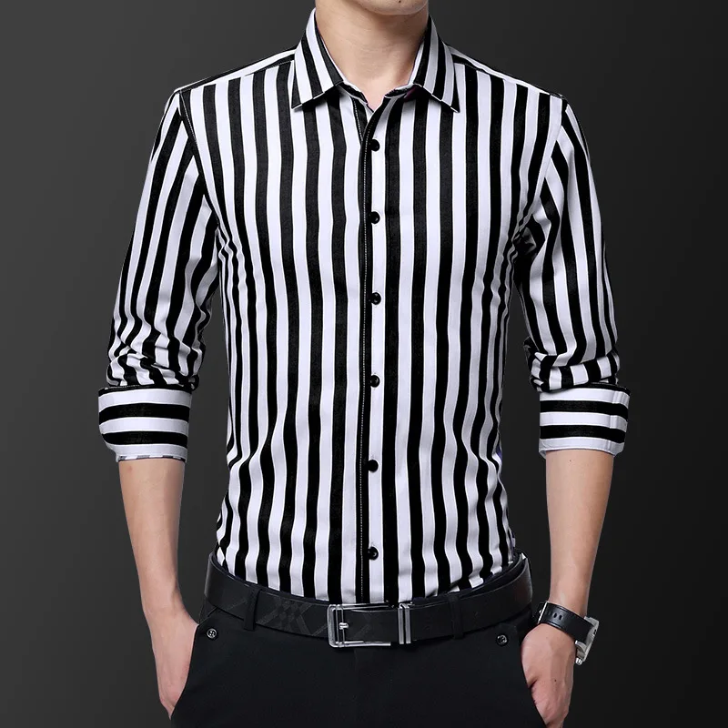 TFETTERS Brand New Men Striped Casual Shirts Long Sleeve Mens Cotton Shirts Turn Down Collar Chemise Homme Plus Size 5XL