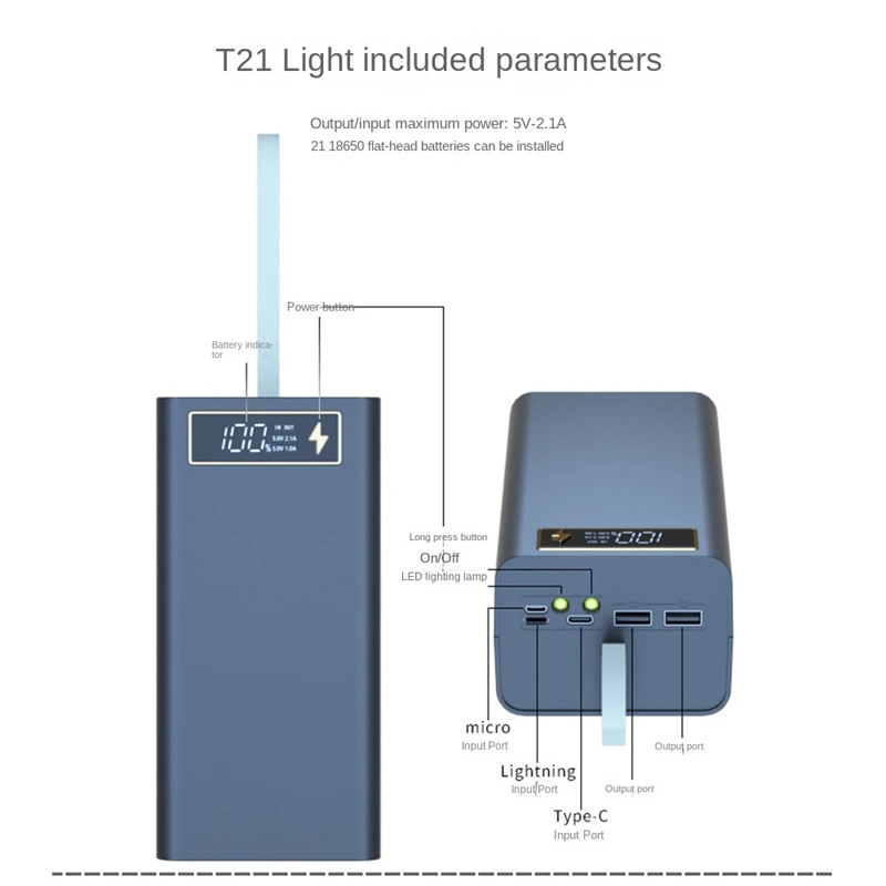 21X18650 Battery Storage Box LED Light PD Quick QC3.0 Charge 18650 Battery Power Bank Case Shell 15W Wireless Charging A-A46I