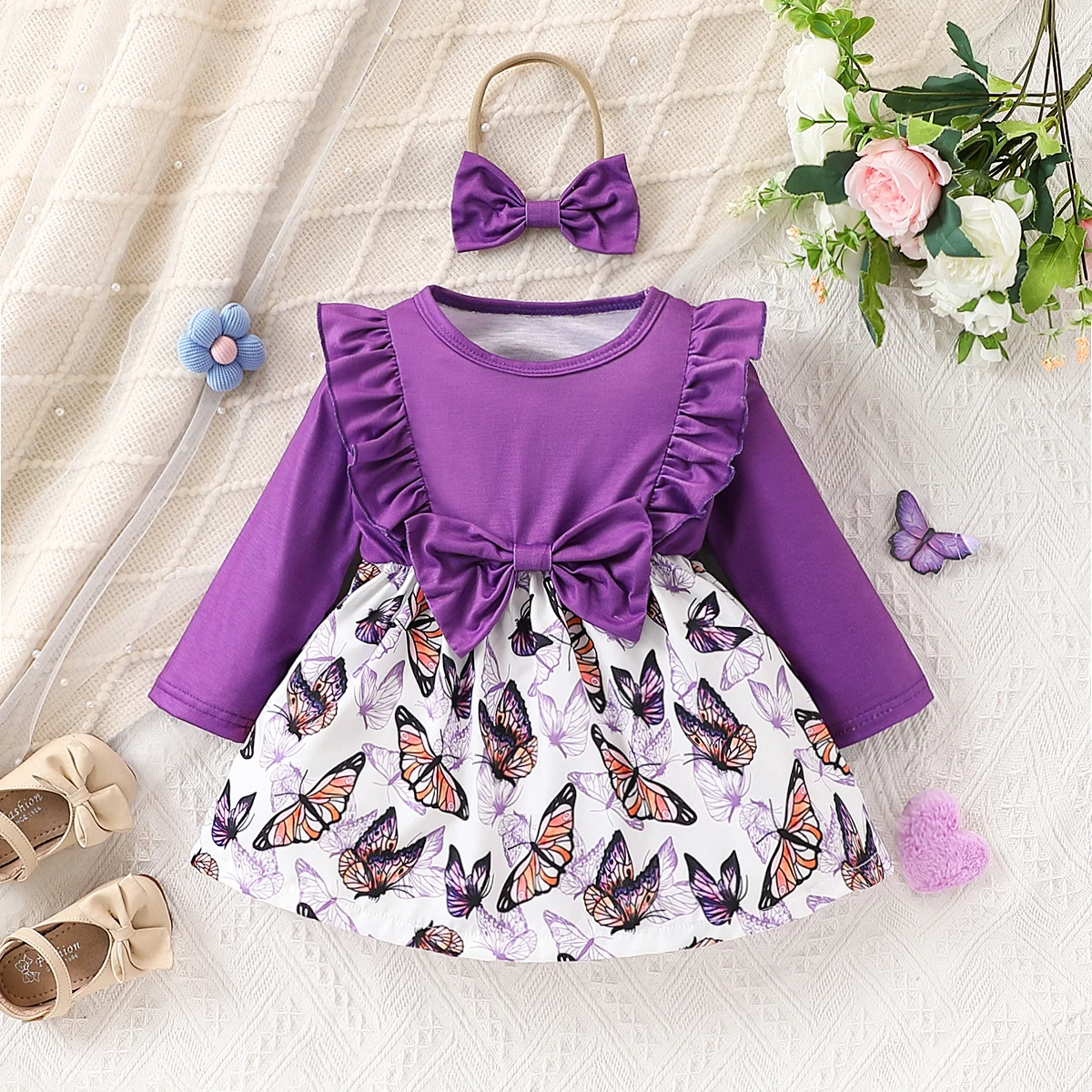 Baby Girl Fashion Casual Purple Knitted Fabric Splicing Butterfly Full Print Round Neck Long Sleeve Dress with Bow Decoration