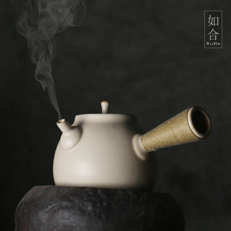 

Ruhe Soda Glaze White Clay Pottery Side Handle Electric Pot Open Fire Charcoal Stove Alcohol Lamp Boiling Tea